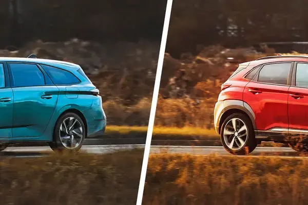 Comparatif entre un SUV bleu familial et un break gris élégant sur une route de campagne belge.