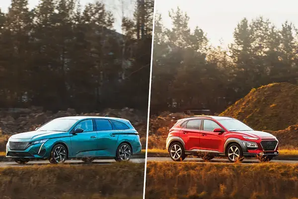 Comparatif entre un SUV bleu familial et un break gris élégant sur une route de campagne belge.